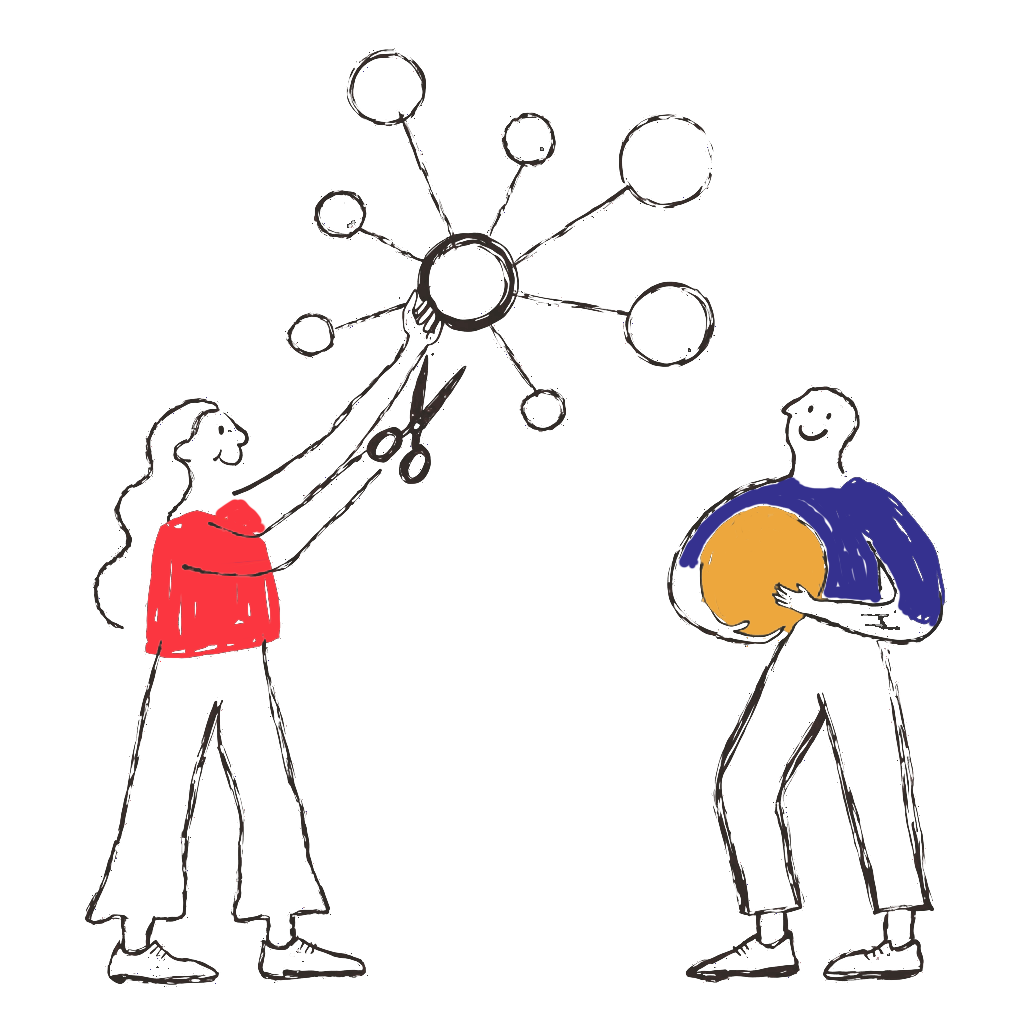Hand-drawn scene: a cluster of small planets joined by thin lines; one person snips the single line to one planet while another carries that planet away under their arm