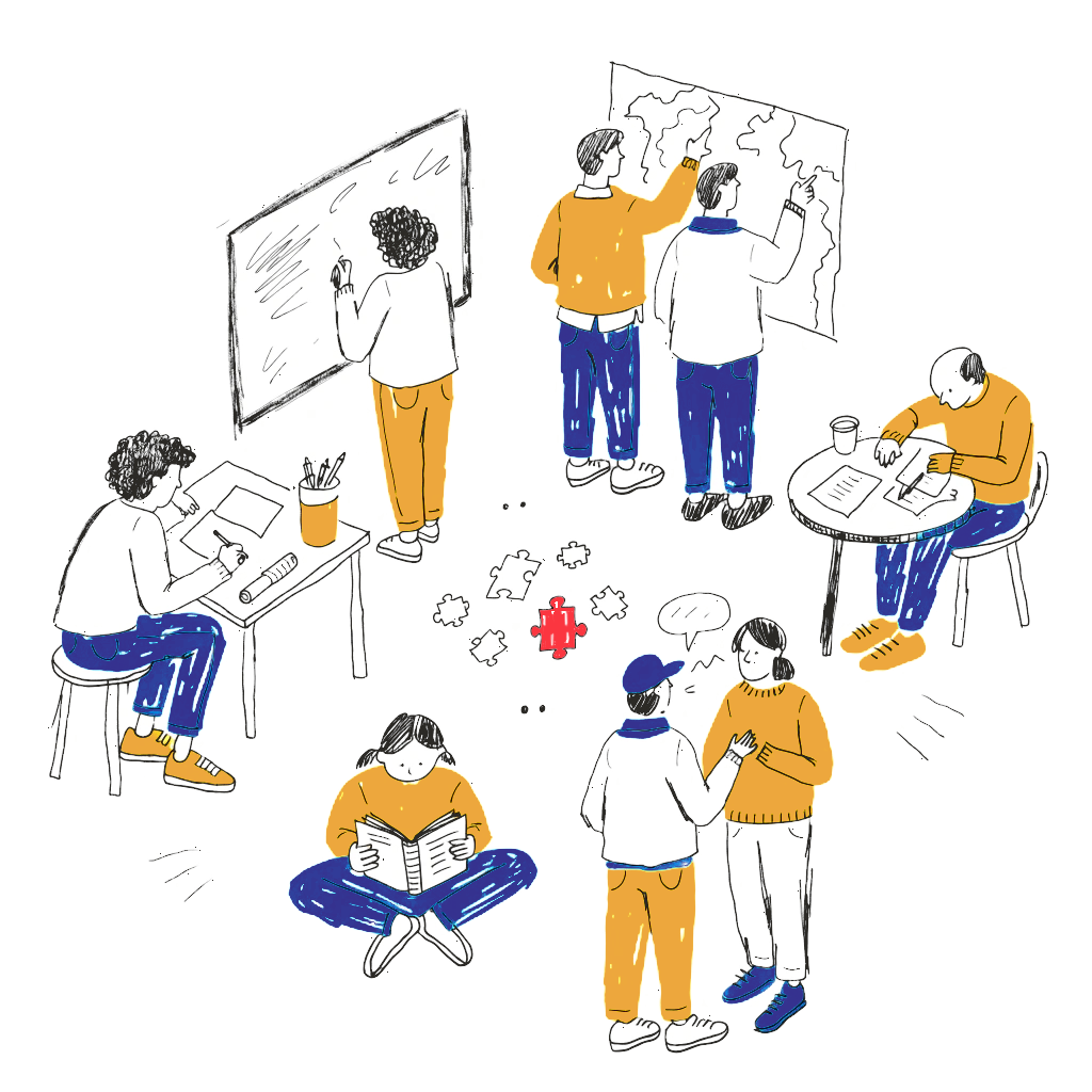 Hand-drawn scene of a community at work: people writing on a board, studying a wall map together, drawing, reading, and talking, gathered around a half-assembled puzzle with one red piece